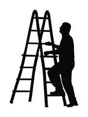 Construction worker climbing on ladders vector silhouette illustration isolated on white background. Painter painting at work. Laborer on work. Under construction. Handyman at home. Diagnostic and fix