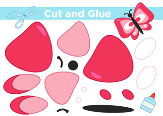 Education paper game for preschool kids. Create the applique beautiful butterfly. Cut and glue. Vector illustration.