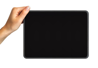 Mock up of black tablet and women's hand, concept of mobile shopping