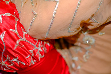Detail shot of Pakistani bridal red dress embroidery