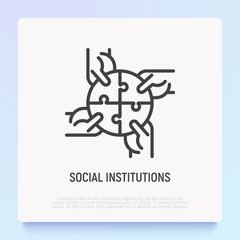Four hands holding different pieces of puzzle. Symbol of social institutions, creative teamwork, connection and support. Thin line icon. Modern vector illustration.
