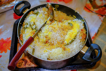 Close up of Bombay Spicy Biryani in a pot