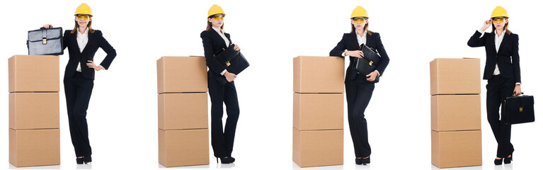 Woman builder with box isolated on white 