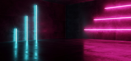 Sci Fi Blue Pink Purple Neon Futuristic Cyberpunk Glowing Retro Modern Vibrant Lights Laser Show Empty Stage Room Hall Reflective Concrete Grunge  Club Background 3D Rendering