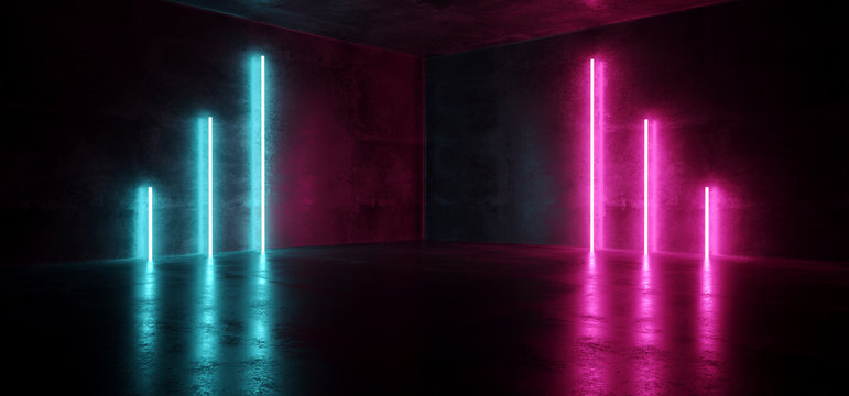 Sci Fi Blue Pink Purple Neon Futuristic Cyberpunk Glowing Retro Modern Vibrant Lights Laser Show Empty Stage Room Hall Reflective Concrete Grunge Club Background 3D Rendering © IM_VISUALS