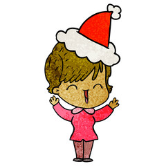 textured cartoon of a laughing woman wearing santa hat