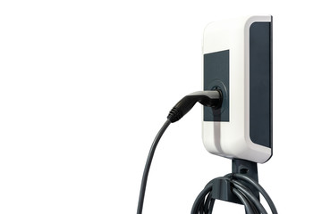 Obraz premium Modern and high technology of transportation electric vehicle charging (Ev) station with plug of power cable supply for Ev car or hybrid isolated on white background with clipping path