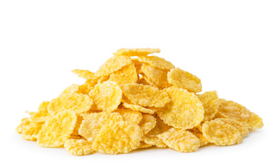 Heap of cornflakes close up on a white. Isolated.