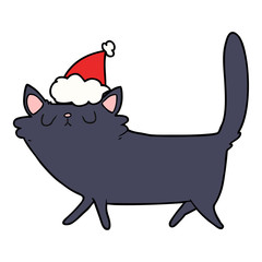 line drawing of a black cat wearing santa hat