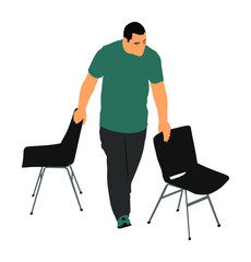 Delivery service moving transport, worker carrying chairs vector.  Handyman job. Distribution and procurement. Boy moving service after party. Move in.  Man carry chair after concert event