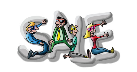 Cartoon people gathered together and formed a sale text vector illustration