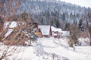 snow mountain village houses landscape.