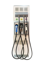 Modern and high technology of transportation electric vehicle charging (Ev) station with plug of power cable supply for Ev car or hybrid isolated on white background with clipping path