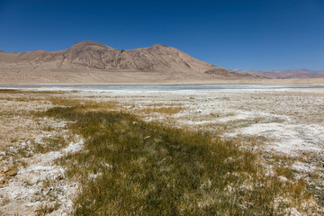 Landscape with salt lakes in the Pamir mountains near Alichur in Tajikistan