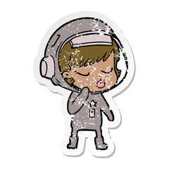 distressed sticker of a cartoon pretty astronaut girl