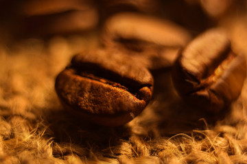 Coffee flavored roasted grain close-up, brown color.