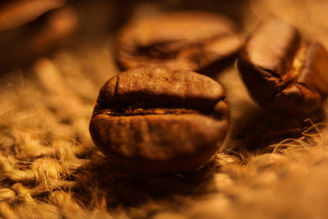 Coffee flavored roasted grain close-up, brown color.