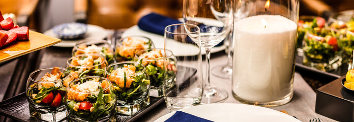 Gourmet Restaurant Food - Delicious Smoked Salmon and Vegetable Salad. Luxury Appetizer Restaurant Food