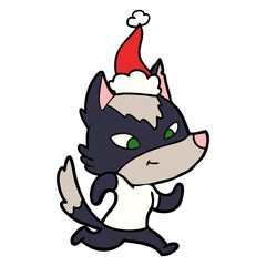 friendly line drawing of a wolf wearing santa hat