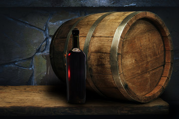 Red wine bottle on a old oak wooden table background barrel.