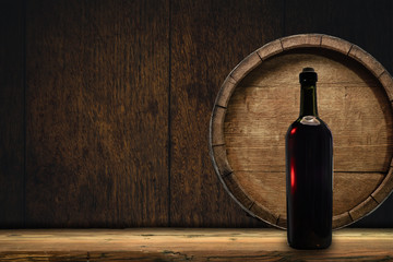 Wooden barrel and worn old table of wood.
