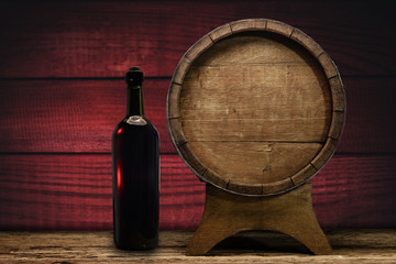 Wooden barrel and worn old table of wood.