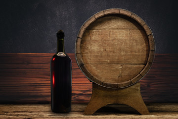 Wooden barrel and worn old table of wood.