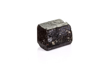 macro mineral stone schorl, black tourmaline on white background