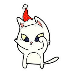 confused comic book style illustration of a cat wearing santa hat