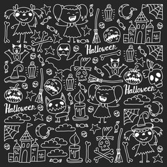 Obraz premium Halloween themed doodle set. Traditional and popular symbols - carved pumpkin, party costumes, witches, ghosts, monsters, vampires, skeletons, skulls, candles bats Isolated over white background.