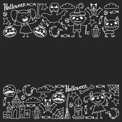 Halloween themed doodle set. Traditional and popular symbols - carved pumpkin, party costumes, witches, ghosts, monsters, vampires, skeletons, skulls, candles bats Isolated over white background.