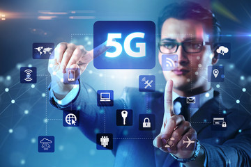 5g internet concept with businessman pressing buttons
