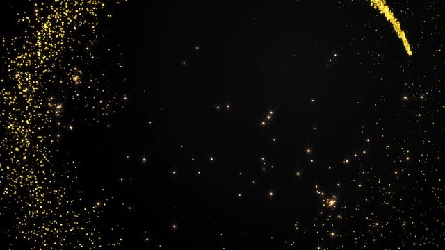 Abstract holiday elements with shining gold sparkling particles and firework on black background. 4K motion graphic.