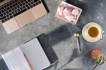 Flat lay and top view of office table desk with sunlight. Workspace with blank clip board, office...
