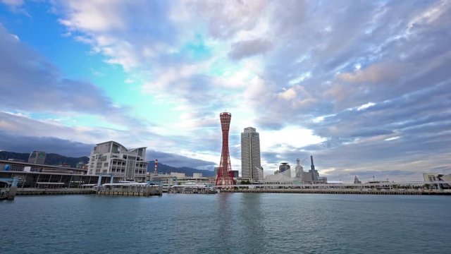 Kobe city establishing shot, towers and clouds on calm day in Japan