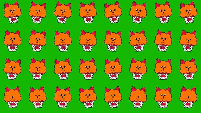 Cute cupcakes with happy red cats in a pot for funny background. Looped 4K motion graphic.