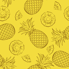 Seamless tropical fruit pattern. Pineapples whole and sliced on a yellow background.