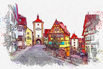 A watercolor sketch or illustration of a beautiful street in Rothenburg ob der Tauber in Germany with beautiful houses in German style