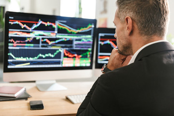 Image of confident businessman working in office and looking on computer with graphics and charts