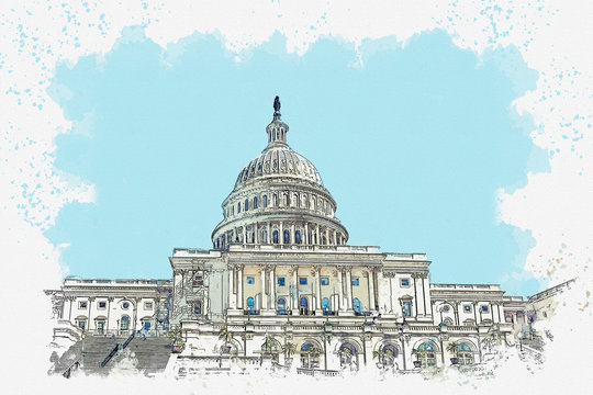 Watercolor sketch or illustration of a beautiful view of the US Capitol building in Washington DC in the USA