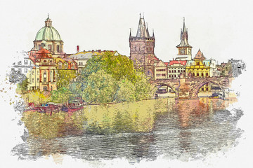 Watercolor sketch or illustration of a beautiful view of the traditional architecture in Prague in the Czech Republic. Cityscape or urban skyline