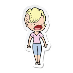 sticker of a cartoon cool hipster girl talking