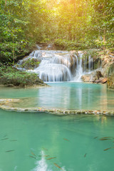 Fototapeta na wymiar Erawan Waterfall tier 1, in National Park at Kanchanaburi, Thailand