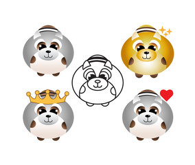 Cute raccoon icon set for web,invitation, poster, sticker, print. Vector isolated illustration of funny raccoons with hearts, crown,stars and outline. - Vector 