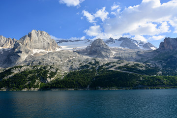 the spectacular Lake of Fedaia at the base of the Marmolada glacier
