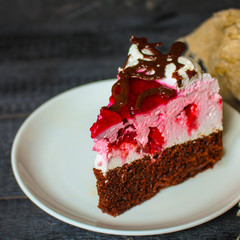 cake piece, souffle raspberry. Delicious, sweet dessert. top view. copy space