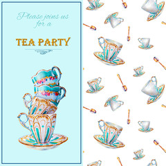 Party colorful tea cups and saucers closeup. Sketch handmade. Postcard for Valentine's Day. Watercolor illustration. - 254046180