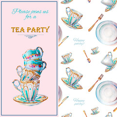 Party colorful tea cups and saucers closeup. Sketch handmade. Postcard for Valentine's Day. Watercolor illustration.