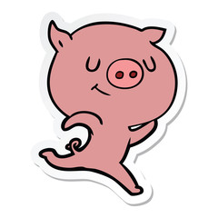sticker of a happy cartoon pig running
