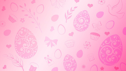 Background of eggs, flowers, cake, gift box and other Easter symbols in pink colors